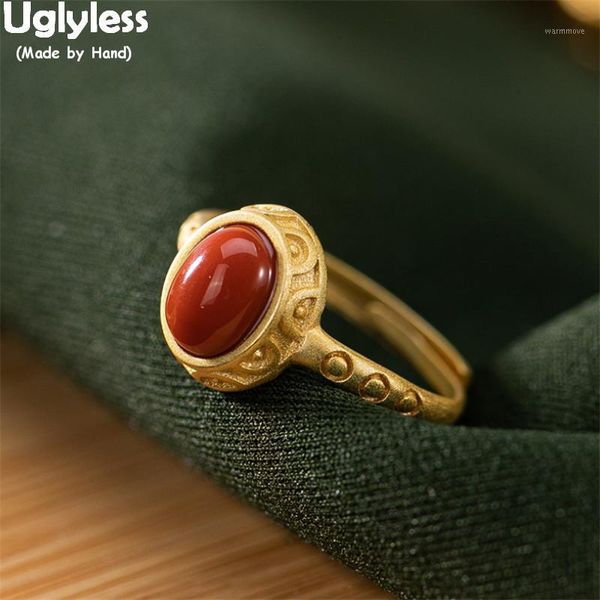 

Uglyless New Vintage Patterns Oval Gemstones Rings for Women Simple Fashion Agate Open Rings 925 Sterling Silver Vintage Jewelry1, Golden;silver