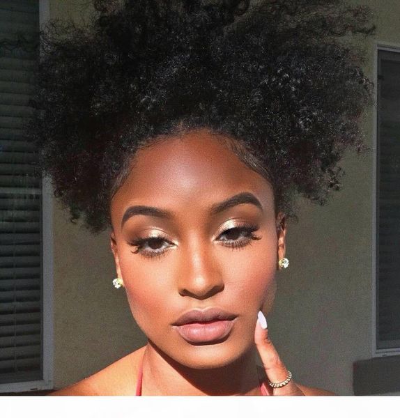 

afro kinky curly drawstring ponytail wrap around ponytail clip in virgin brazilian hair extension short high bun 120g ship, Black