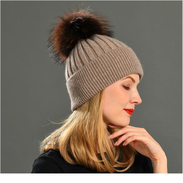 

women winter hat female removable real raccoon fur pompom hat cap wool knitted hat natural fur pompon for women qylype