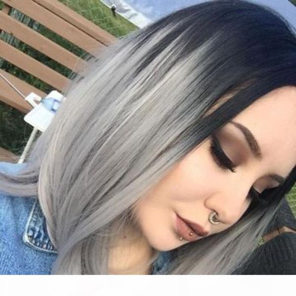 

black grey ombre wig short bob cut hair styles virgin malaysian full lace front silver grey ombre human hair wigs for black women, Black;brown