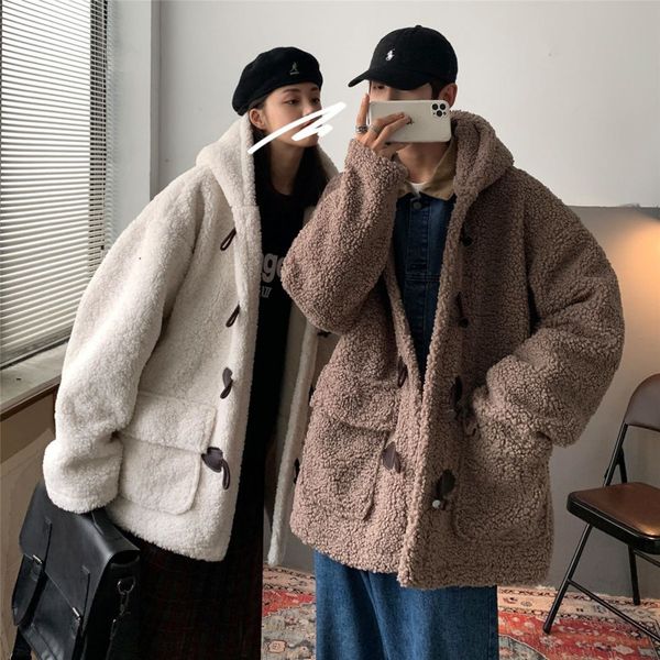 

winter thick lamb fur jacket men's parka warm fashion retro casual hooded coat men clothes loose korean couple short coat s-2xl, Black