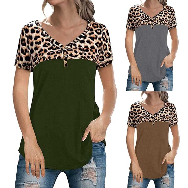 

women's fashion casual v-neck leopard print short-sleeved t-shirt printed short sleeve summer top, White