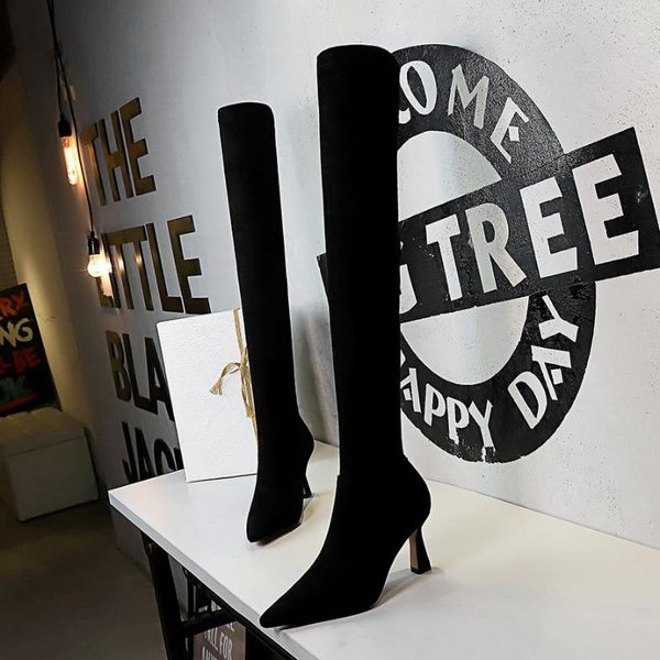 

winter women stretch long boots shoes woman pumps female slim over the knee high heels party long boots suede, Black