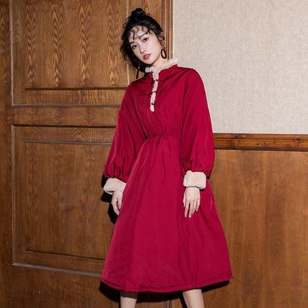 

women's down & parkas winter women coat warm vintage stand fur collar chinese style long red thicken cotton padded loose female 2021, Black