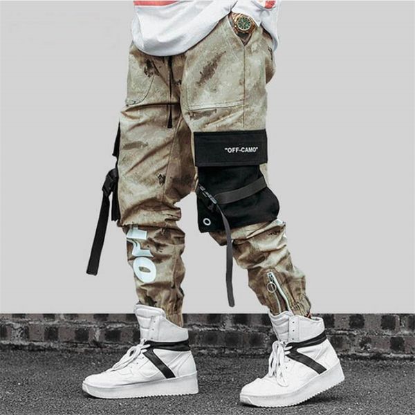 

april momo 2020 hip hip streetwear men's camouflage joggers pants ribbons cotton cargo pant trousers elastic waist harem pants lj201221, Black