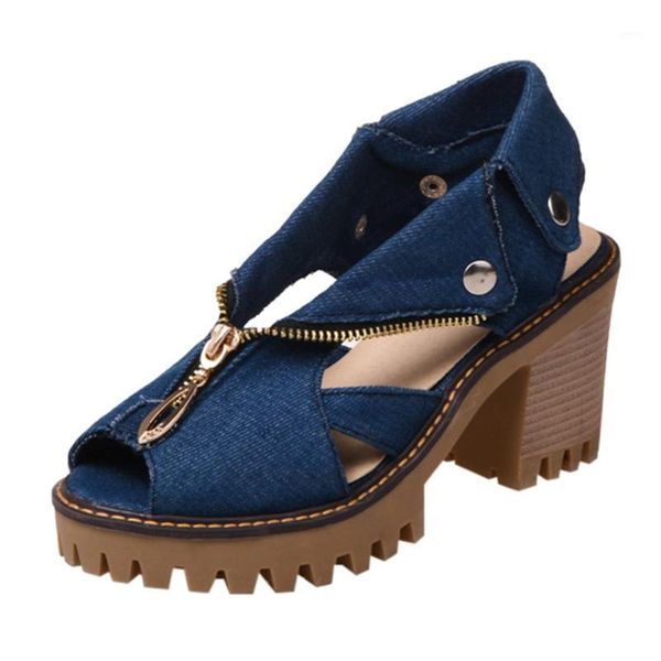 

jaycosin 2021 shoes women summer sandals cuffed denim high heel thick platform fish mouth casual shoes1, Black