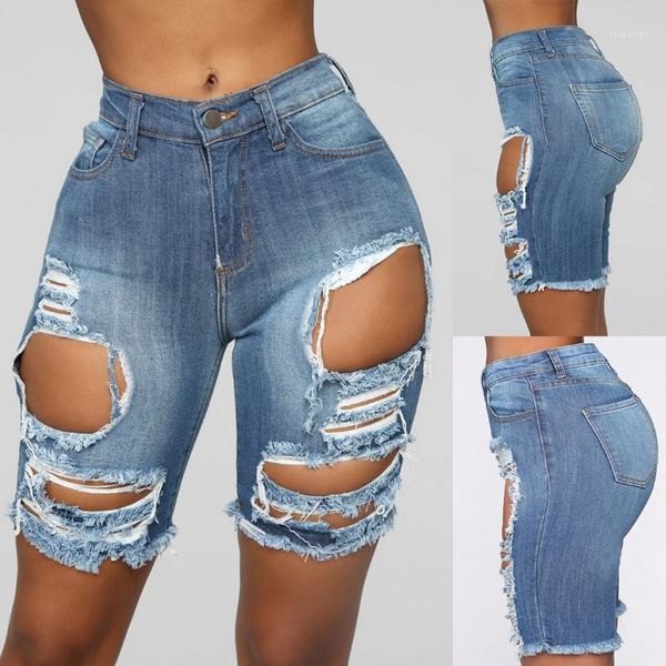 

nibesser 2020 fashion women high waist knee length denim shorts ladies ripped holes skinny stretch shorts jeans femme1, Blue