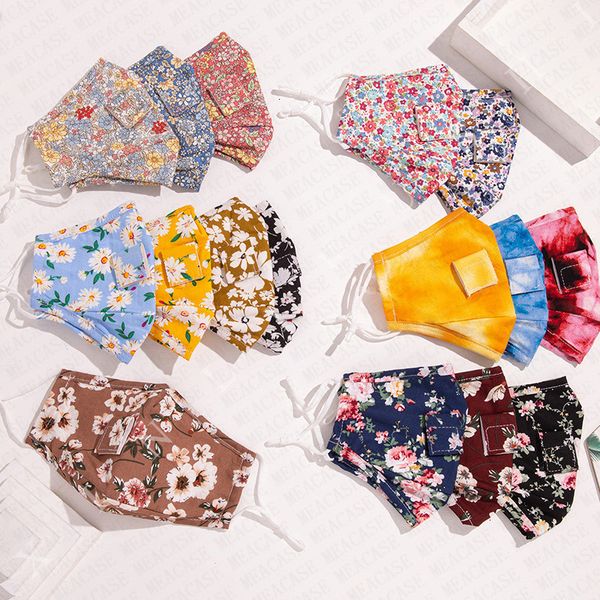 

floral filter washable masks with adults straw slot 3layers anti dust cotton face mask easy to drink water beer juice d72112