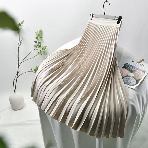 

2021 new women autumn a-line pleated saia stretch waist brand white long skirt jupe femme maxi skirts 96fu, Black