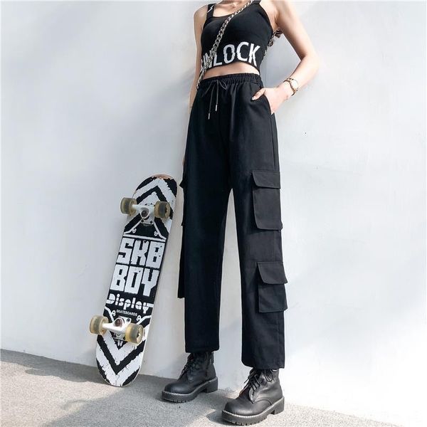 

female beautiful 2021 new cargo high pocket jogger elastic waistband loose pants streetwear db4n, Black;white