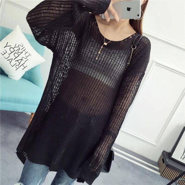 

2021 summer new women long sleeve hollow out solid long sweaters casual thin loose pullovers sweater, White;black