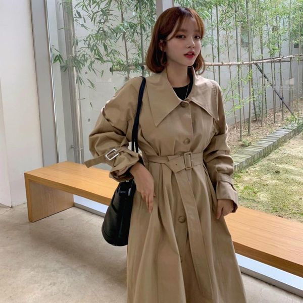 

women winter khaki turn down collar super long trench coat slim waist long sleeve windbreaker a-line vintage waistbelt cloak1, Tan;black