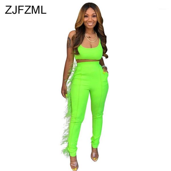 

neon green feather spliced two piece set women spaghetti strap backless crop and bodycon pants sweatsuits 2pcs club outfits1, White