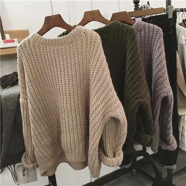 

retro autumn winter knitted sweater for women pull femme oversize loose long sleeve solid color long warm sweater jumper1, White;black
