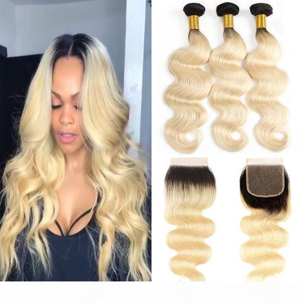 

body wave malaysian human hair 1b 613 ombre blonde bundles with closure peruvian brazilian blonde virgin hair weaves with 4*4 lace closure, Black;brown