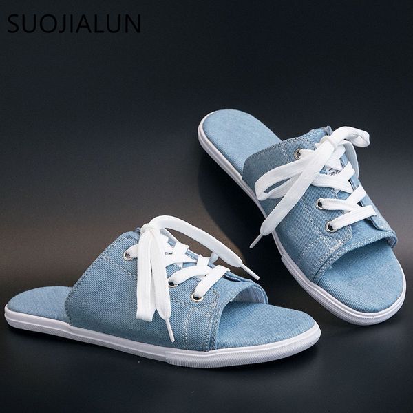 

brand slippers women denim slippers summer lace up slides flat sandals non-slip casual flip flops beach flats sh x1020, Black