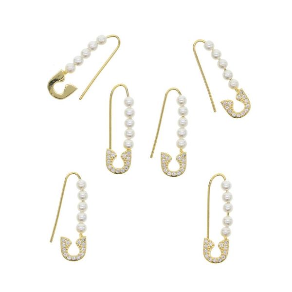 

hoop & huggie women girls delicate pearl charm earring jewelry gold color sparking bling unique disco bead moving safety pin, Golden;silver
