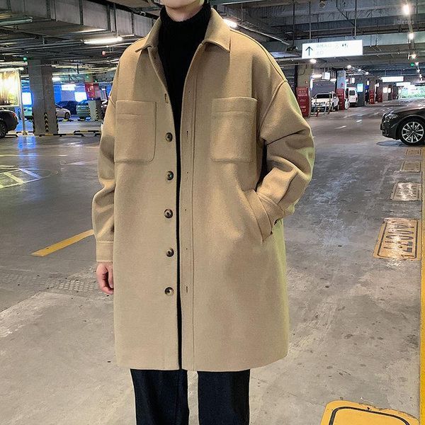 

men's wool & blends 2021 winter men's long woollen fashion casual lapel collar windbreaker loose snow jacket coats cotton-padded c, Black