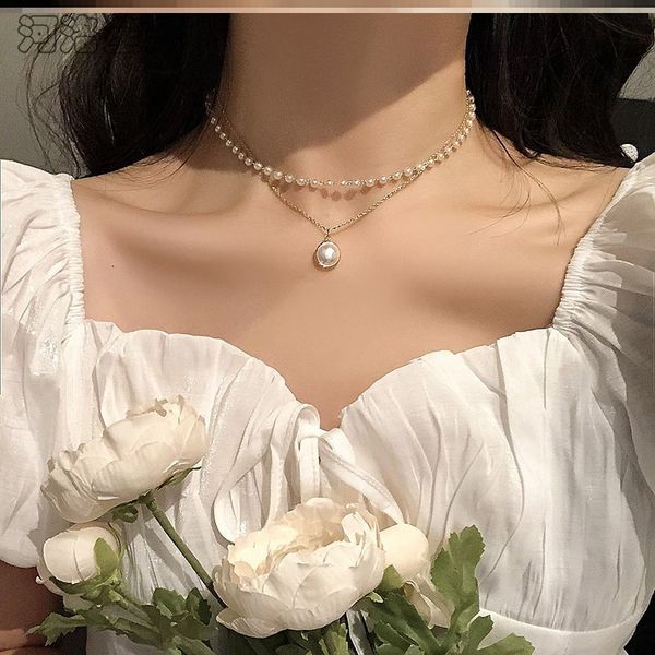 

чжун чуси одинаковое жемчужное ожерелье choker light luxury small ins simple double-слой женские моды ключицы цепи шеи, Silver