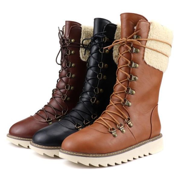 

winter snow boots women pu leather lace up mid calf boots non-slip flat with platform ladies shoes keep warm western booties, Black
