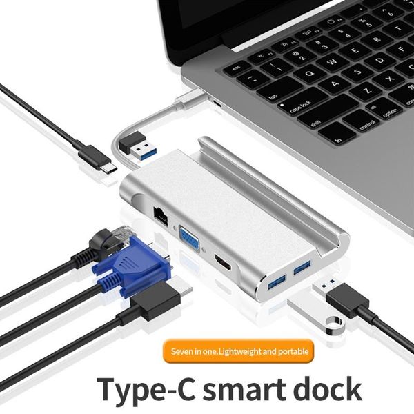 

charging vga multi ports dock station rj45 gigabit data transmission usb type c hub converter bracket 7 in 1 pd aluminum alloy