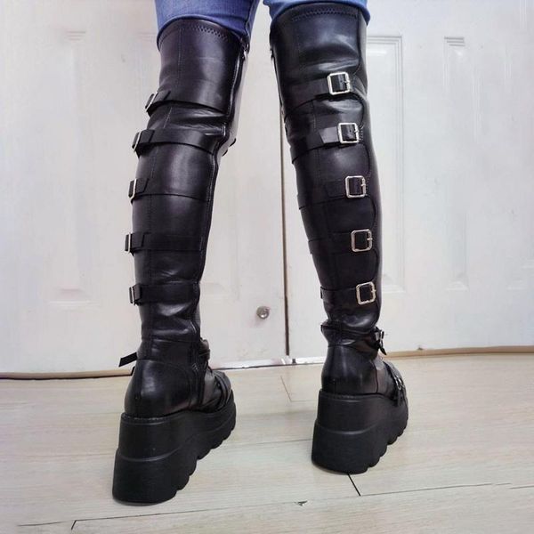 

brand new big shoelaces wedge high heels platform tide trendy cool autumn winter mid-calf boots shoes women footwear boots, Black