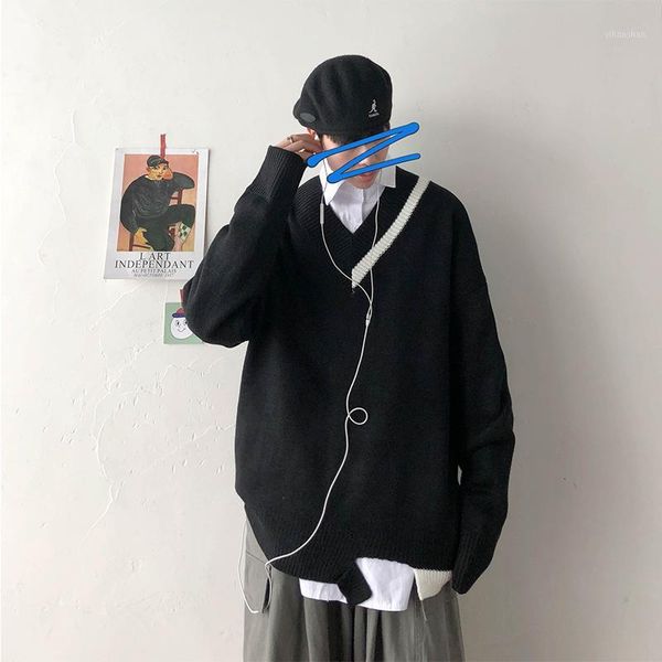 

2020 winter men's hit color coats school wind v-collar brand in warm knitting woolen sweaters casual cashmere pullover -2xl1, White;black