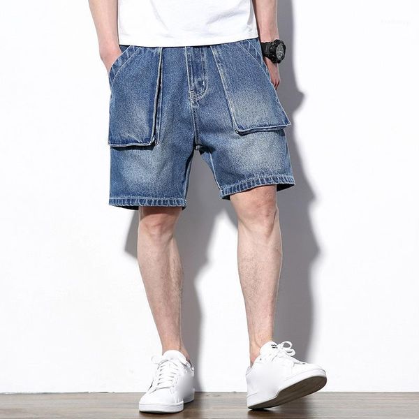 

2020 new summer men's denim shorts big size multi pocket casual loose japanese jean short male brand cargo shorts for men blue1, White;black