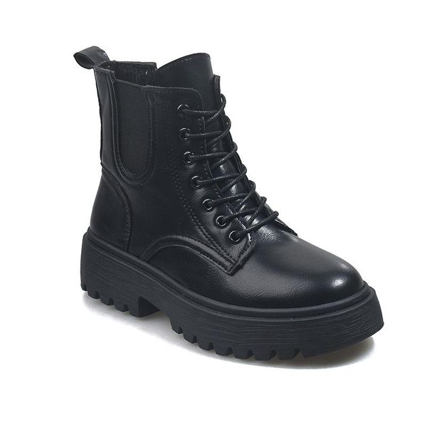 

leather solid motorcycle boots autumn ankle boots for women shoes woman winter thick bottom high heels martin plus size, Black