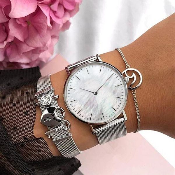 

charm bracelets mavis hare silver color strap lock & key story mesh bracelet set with white seashell wrist watches and wave chain, Golden;silver