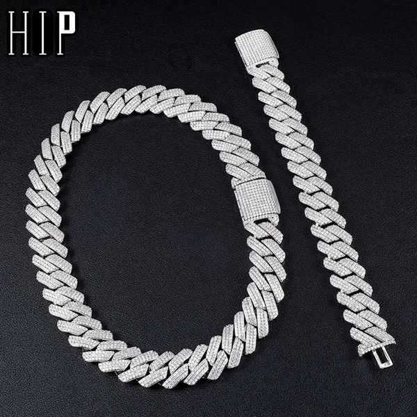 

hip hop 19mm 3 row heavy cuban prong chain bling iced out box buckle copper setting aaa+ cz 2set chain bracelet for men jewelryq0115, Black