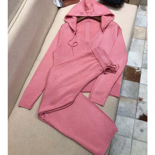 

cosmicchic women winter knitted suit fashion v-neck casual hoodie wool tracksuit solid sweatshirt long sleeve female pants suit1, White