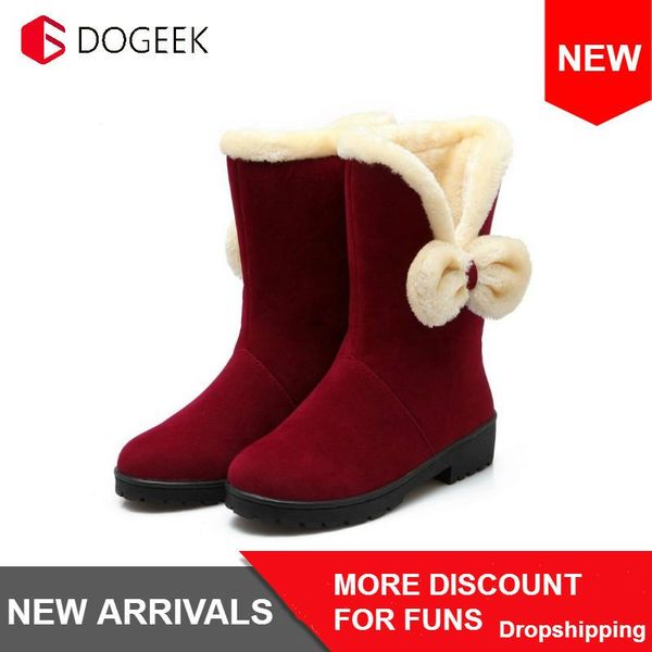

dogeek fashion women winter half short boots flat thicken fur warm mid calf boot bota bowknot gladiator botas footwear shoes, Black