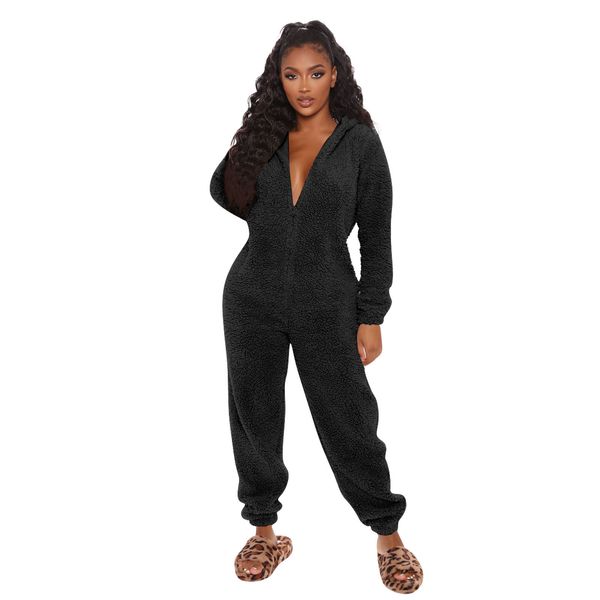 

women plush v neck jumpsuit hooded zipper solid color long sleeve rompers with sashes ladies casual clothes, Black;white