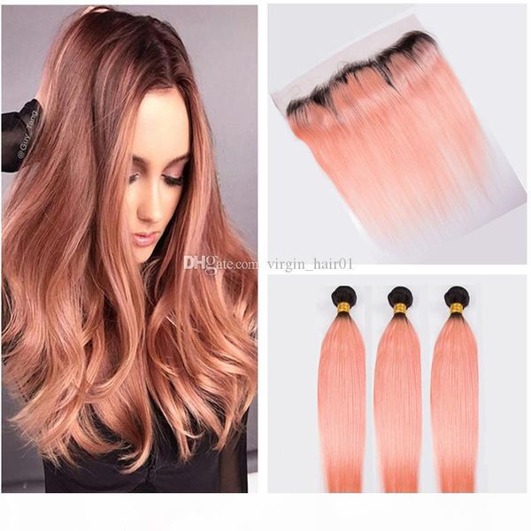 

two tone rose gold human hair weaves with lace frontal closure bleached knots ombre hair with lace frontal closure peruvian virgin hair, Black;brown