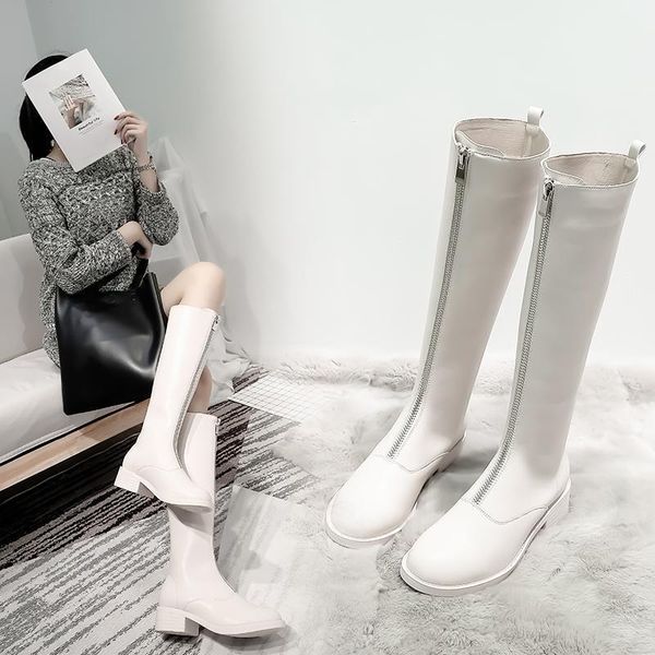 

boots revt ladies women's front zipper 4cm heel high rider long knee black white leather shoes 33-431