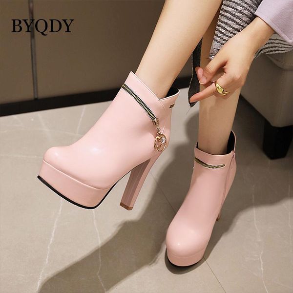 

boots byqdy pu leather woman thick heels plus 43 ankle for round toe winter shoes platform with zipper, Black