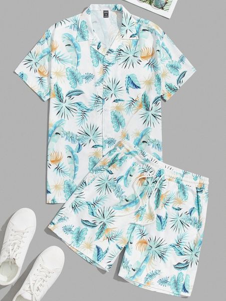 

men tropical print shirt & drawstring waist shorts set b7d9#, Gray