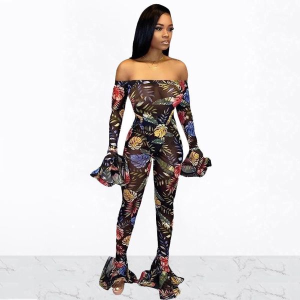 

women mesh patchwork see through floral print jumpsuit slash neck hollow out flares pants rompers slim jumpsuits1, Black;white