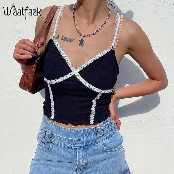 

waatfaak knitted casual black tank women lace patchwork spaghetti crop sleeveless harajuku v neck summer 2020, White
