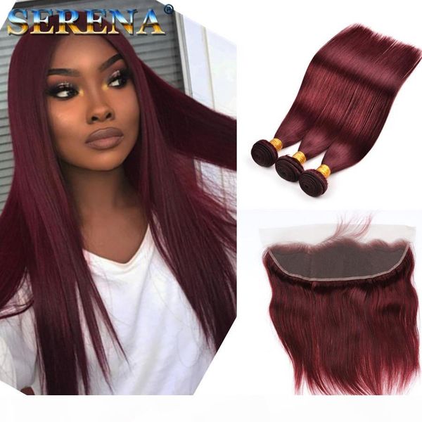 

brazilian ombre hair 99j straight 3 bundles with 13x4 frontal unprocessed burgundy wine red human hair weaves extensions length 10-28 inch, Black;brown
