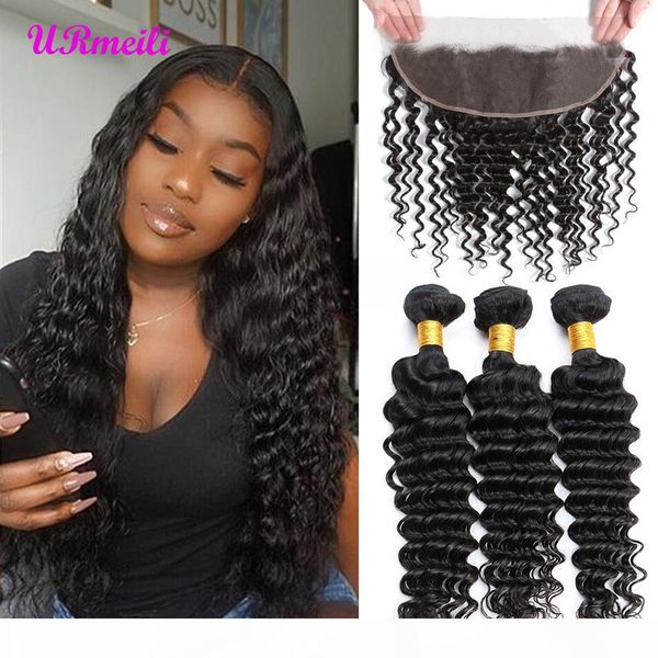 

peruvian deep wave virgin hair weave bundle with frontal pre plucked lace frontal closure with bundle remy human hair weft, Black;brown