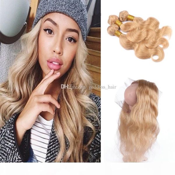 

360 lace frontal with honey blonde 27 hair 3 bundles #27 body wave hair extensions with pre plucked 360 lace frontal 22.5x4x2, Black;brown