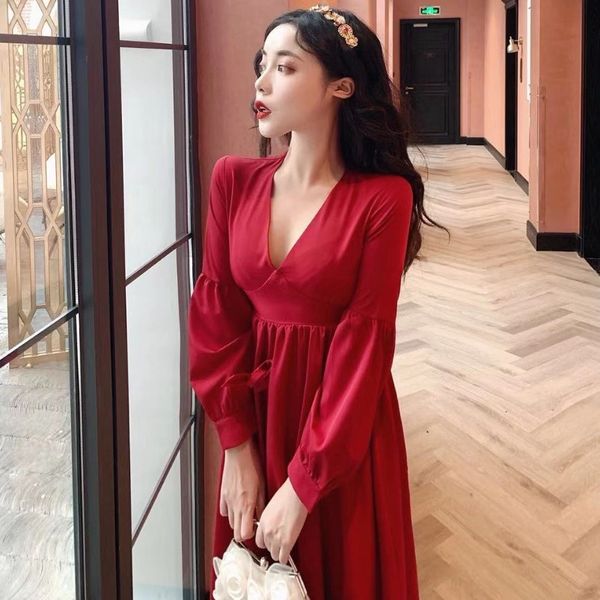 

autumn 2020 new temperament red slim v-neck long sleeve medium length waist skirt women's dress
