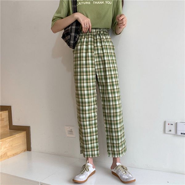 

wide leg pants women fashion plaid ulzzang loose high waist leisure chic female trousers sweatpant pockets summer streetwear 201113, Black;white