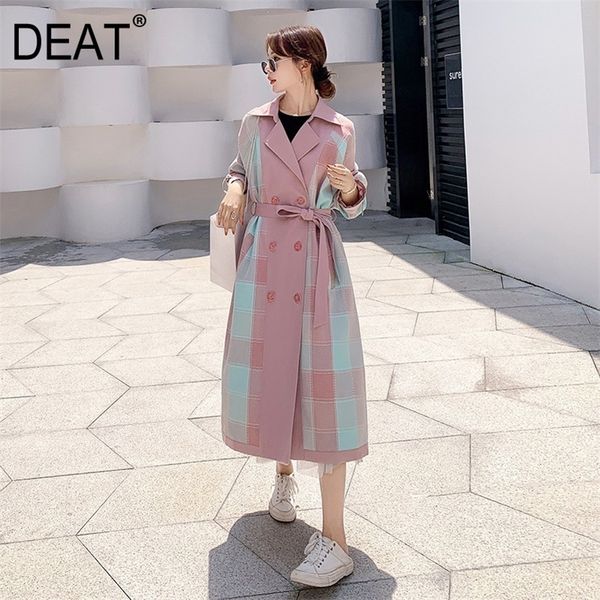 

[deat] new autumn fashion women's trench casual patchwork hit color plaid slim wild full sleeve lapel collar coat tx145 201031, Tan;black