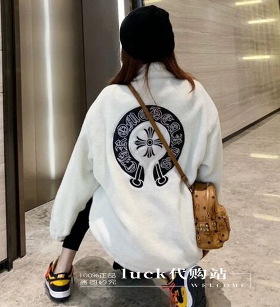 

hong kong fashion brand crosin autumn winter warm woolen coat loose cashmere embroidered men's and women's coats, Black