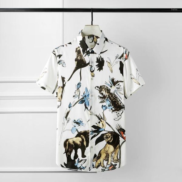 

men shirt luxury bamboo fiber short sleeve mens shirts lion digital allover printing cotton mens dress shirts black white1, White;black