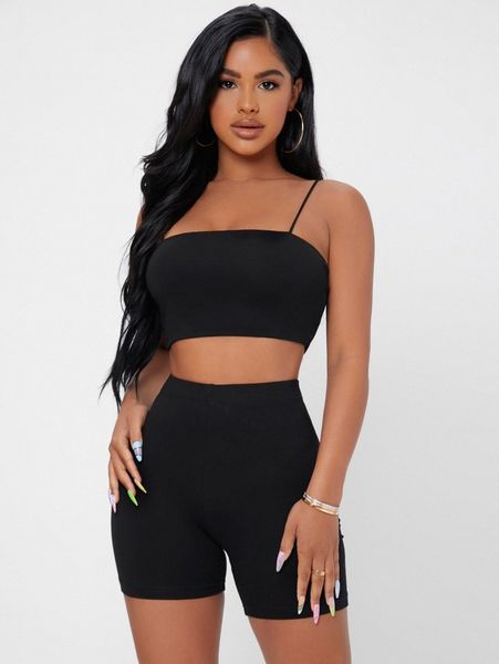 

petite solid crop cami & biker shorts set y7d6#, White