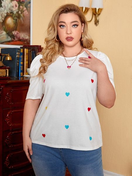 

plus heart print puff sleeve tee r9hx#, Black